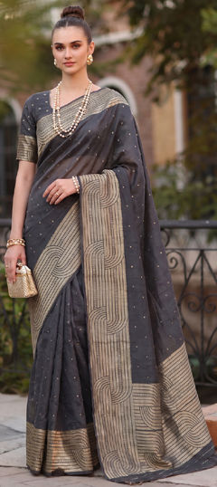 Black and Grey color Saree in Blended Cotton fabric with Weaving work