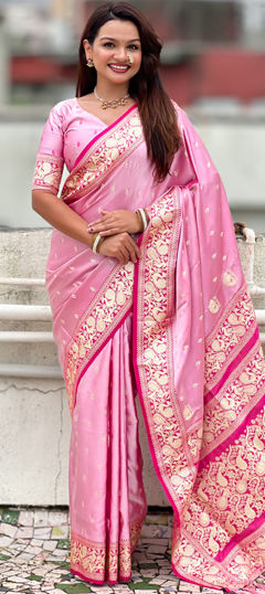 Pink and Majenta color Saree in Satin fabric with Weaving work