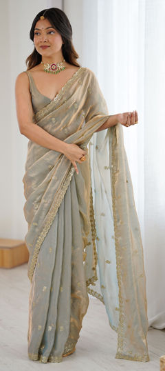 Beige and Brown color Saree in Tissue fabric with Embroidered, Sequence work