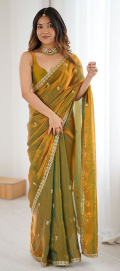 Gold color Saree in Tissue fabric with Embroidered, Sequence work