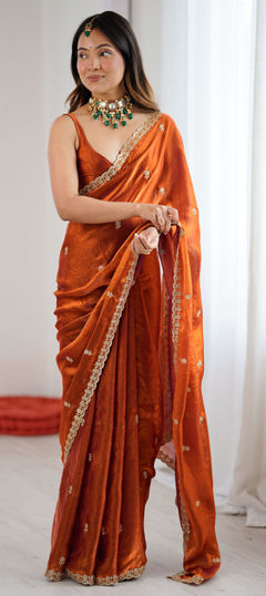 Orange color Saree in Tissue fabric with Embroidered, Sequence work