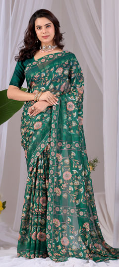 Green color Saree in Georgette fabric with Printed work