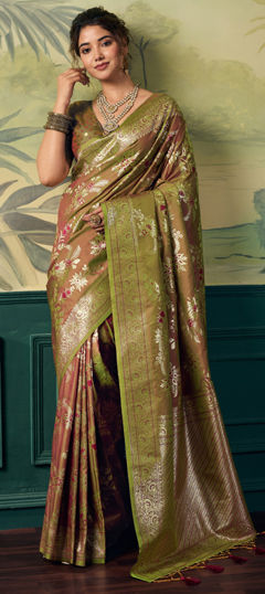 Green color Saree in Banarasi Silk fabric with Weaving, Zari work
