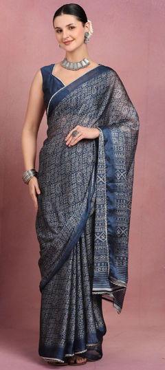 Blue color Saree in Chiffon fabric with Floral, Printed work