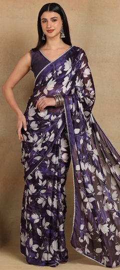 Purple and Violet color Saree in Chiffon fabric with Floral, Printed work