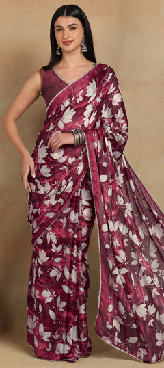 Red and Maroon color Saree in Chiffon fabric with Floral, Printed work