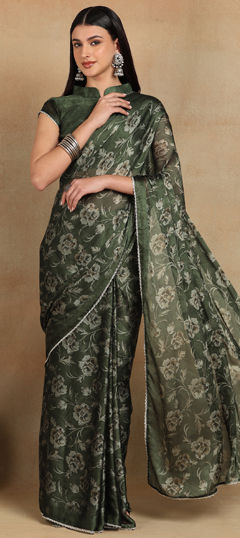 Green color Saree in Chiffon fabric with Floral, Printed work