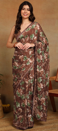 Beige and Brown color Saree in Chiffon fabric with Floral work