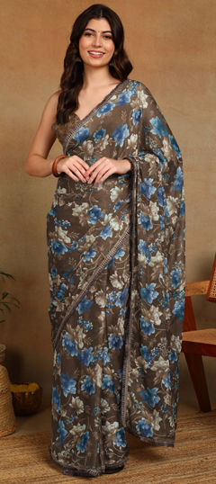 Beige and Brown color Saree in Chiffon fabric with Floral, Printed work