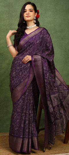 Purple and Violet color Saree in Silk cotton fabric with Floral, Zari work