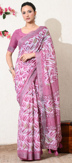 White and Off White color Saree in Blended Cotton fabric with Printed work