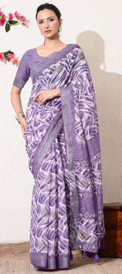 White and Off White color Saree in Blended Cotton fabric with Printed work