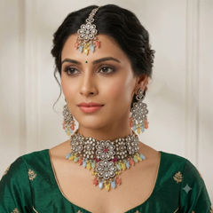 Gold Rodium Polish Multicolor color Necklace in Metal Alloy studded with Kundan, Pearl