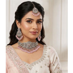 Gold Rodium Polish Pink and Majenta color Necklace in Metal Alloy studded with Kundan, Pearl