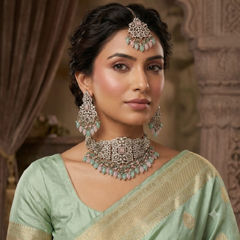 Gold Rodium Polish Green, Pink and Majenta color Necklace in Metal Alloy studded with Kundan, Pearl