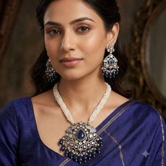 Silver Rodium Polish Blue color Pendant in Metal Alloy studded with CZ Diamond, Pearl