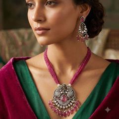 Silver Rodium Polish Pink and Majenta color Pendant in Metal Alloy studded with CZ Diamond, Pearl