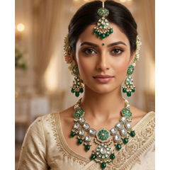Silver Rodium Polish Green color Necklace in Metal Alloy studded with CZ Diamond, Pearl