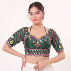 Green color Blouse in Silk fabric with Mirror work