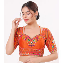 Orange color Blouse in Silk fabric with Mirror work