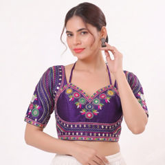 Purple and Violet color Blouse in Silk fabric with Mirror work
