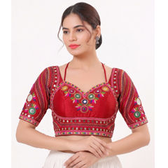 Red and Maroon color Blouse in Silk fabric with Mirror work