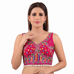 Pink and Majenta color Blouse in Silk fabric with Embroidered, Mirror work