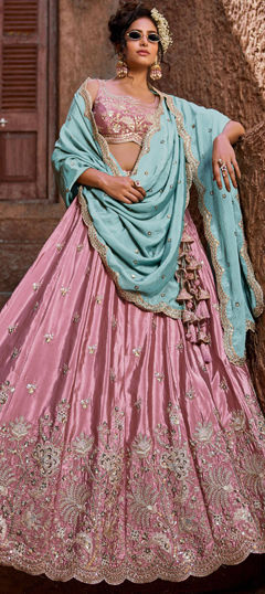 Pink and Majenta color Lehenga in Art Silk fabric with Embroidered, Sequence, Zari work