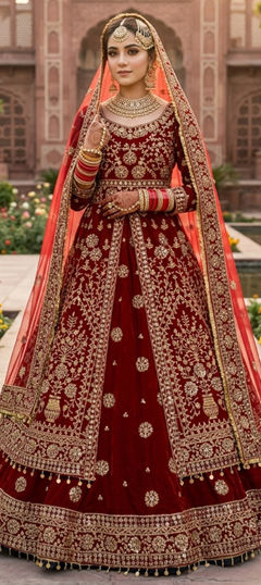 Red and Maroon color Lehenga in Velvet fabric with Embroidered, Sequence work