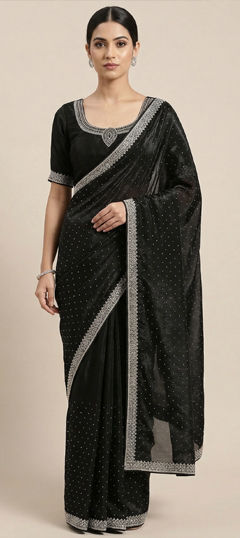Black and Grey color Saree in Silk fabric with Zircon work