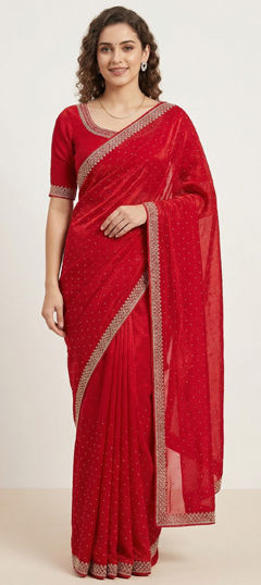 Red and Maroon color Saree in Silk fabric with Zircon work