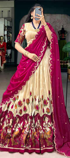 Pink and Majenta, White and Off White color Ready to Wear Lehenga in Tussar Silk fabric with Printed work