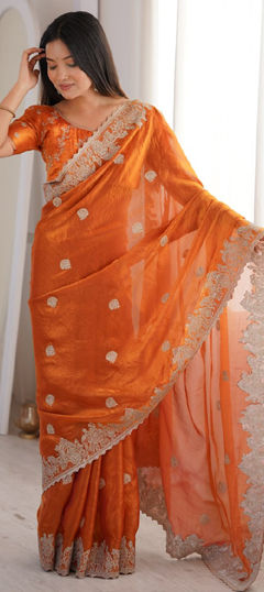 Orange color Saree in Tissue fabric with Embroidered, Zari work