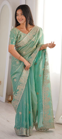 Blue color Saree in Tissue fabric with Embroidered, Zari work