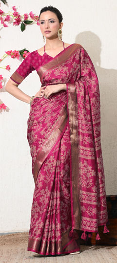 Pink and Majenta color Saree in Blended Cotton fabric with Floral, Weaving, Zari work