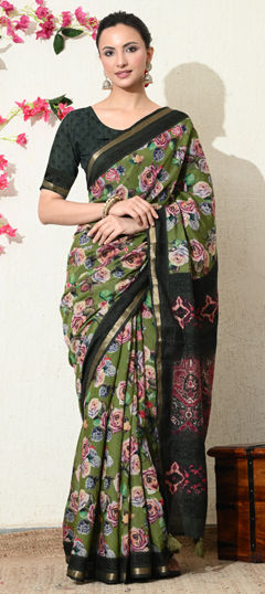 Green color Saree in Cotton, Viscose fabric with Floral, Printed work