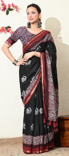 Black and Grey color Saree in Cotton, Viscose fabric with Printed work