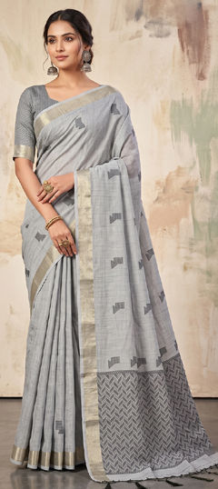 Black and Grey color Saree in Linen fabric with Weaving work
