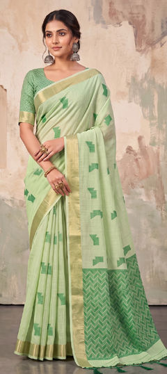 Green color Saree in Linen fabric with Weaving work