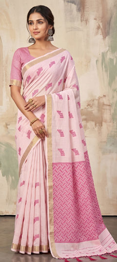 Pink and Majenta color Saree in Linen fabric with Weaving work
