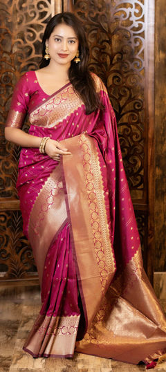 Pink and Majenta color Saree in Silk fabric with Weaving work