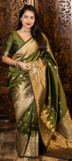 Green color Saree in Silk fabric with Weaving work