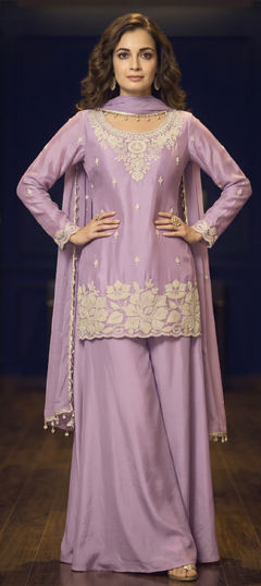 Purple and Violet color Salwar Kameez in Chinon Silk fabric with Bugle Beads work