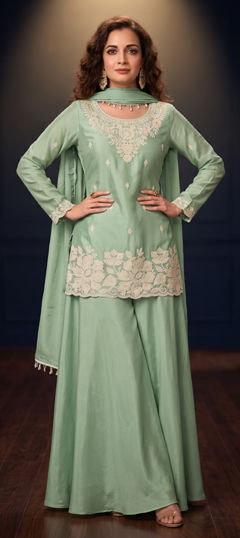 Green color Salwar Kameez in Chinon Silk fabric with Bugle Beads work