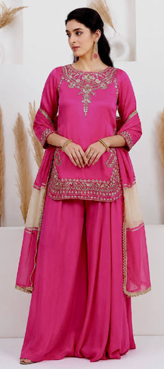 Pink and Majenta color Salwar Kameez in Crepe Silk fabric with Embroidered, Sequence work