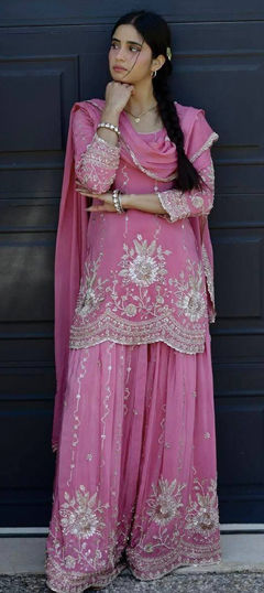 Pink and Majenta color Salwar Kameez in Georgette fabric with Embroidered, Sequence work