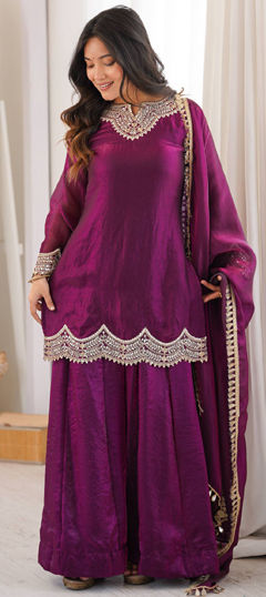 Purple and Violet color Salwar Kameez in Tissue fabric with Bugle Beads, Lace work