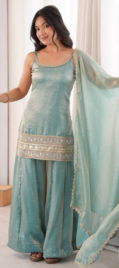 Blue color Salwar Kameez in Crushed Silk fabric with Bugle Beads, Lace work