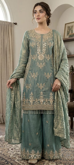 Blue color Salwar Kameez in Tissue fabric with Bugle Beads, Embroidered work