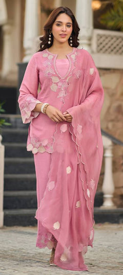 Pink and Majenta color Salwar Kameez in Satin fabric with Embroidered, Sequence work